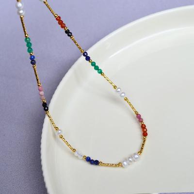 French Niche Original Design Retro Literary Color Real Stone Freshwater Baroque Pearl Beaded Necklace Collarbone Chain