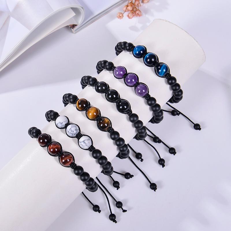 Handmade Black Matte Stone Bracelet with 12MM Tiger Eye for Couples