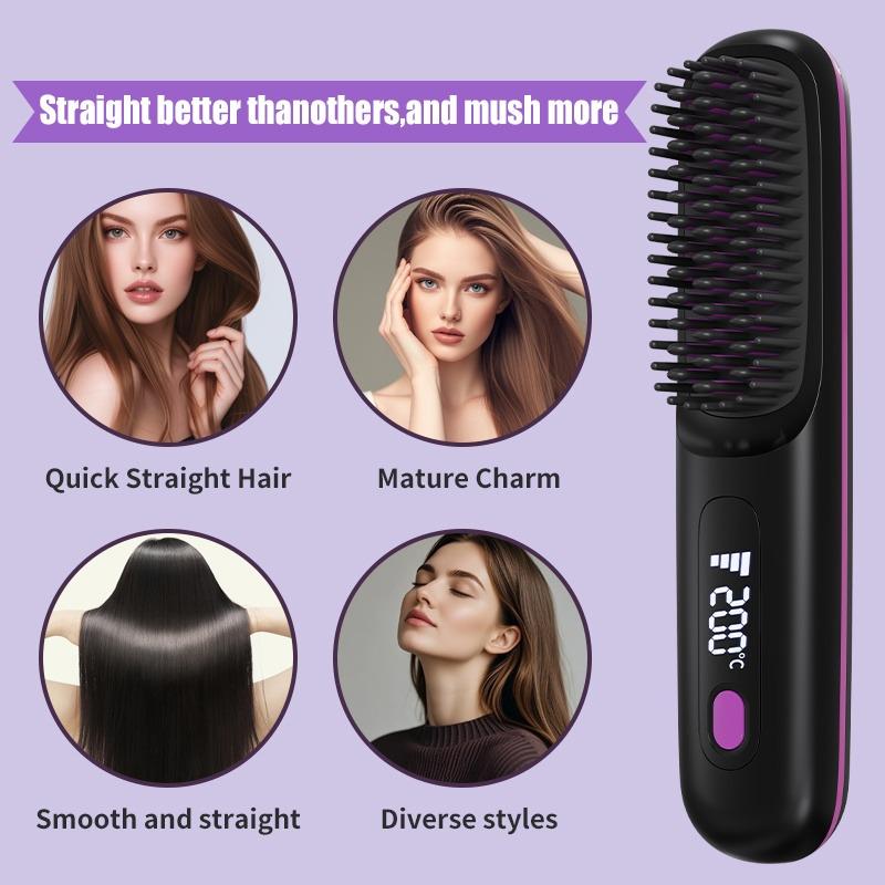 1PC portable wireless hair straightener brush, constant temperature and anti-scalding , hot comb function, Type-C fast charging, LCD screen display
