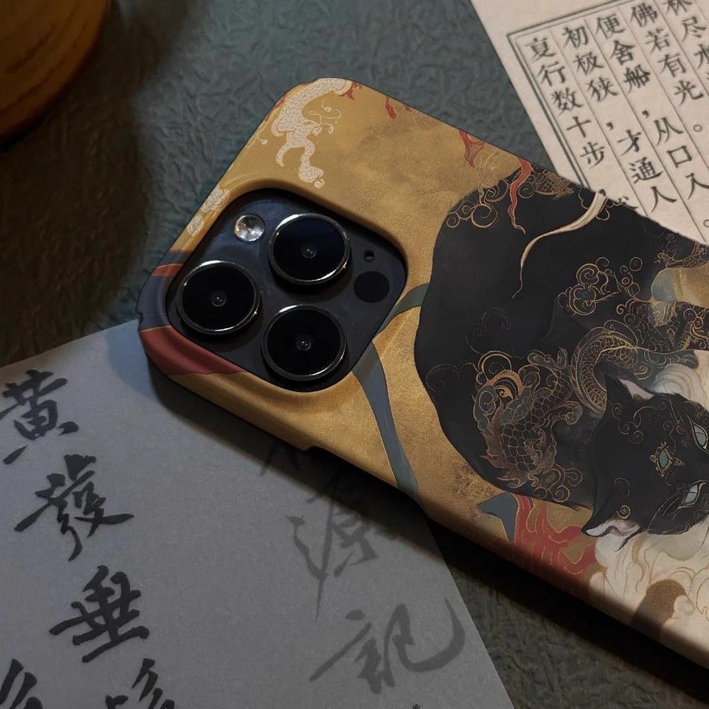 Černá kočka v orientálním stylu s ozdobnými vzory Starověké zvíře Pouzdro na telefon pro iPhone 17 16 15 14 11 12 13 Pro Max Plus Zadní kryt