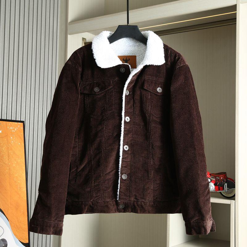 American-Style Retro Corduroy Lambswool Lapel Jacket for Men, Fleece-Lined, Thickened, Warm Workwear Coat, Trendy