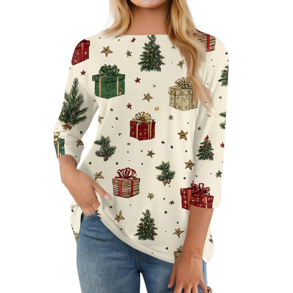 Dammode Casual Rund Halsad Trekvartsärm Jultryck T-shirt Topp