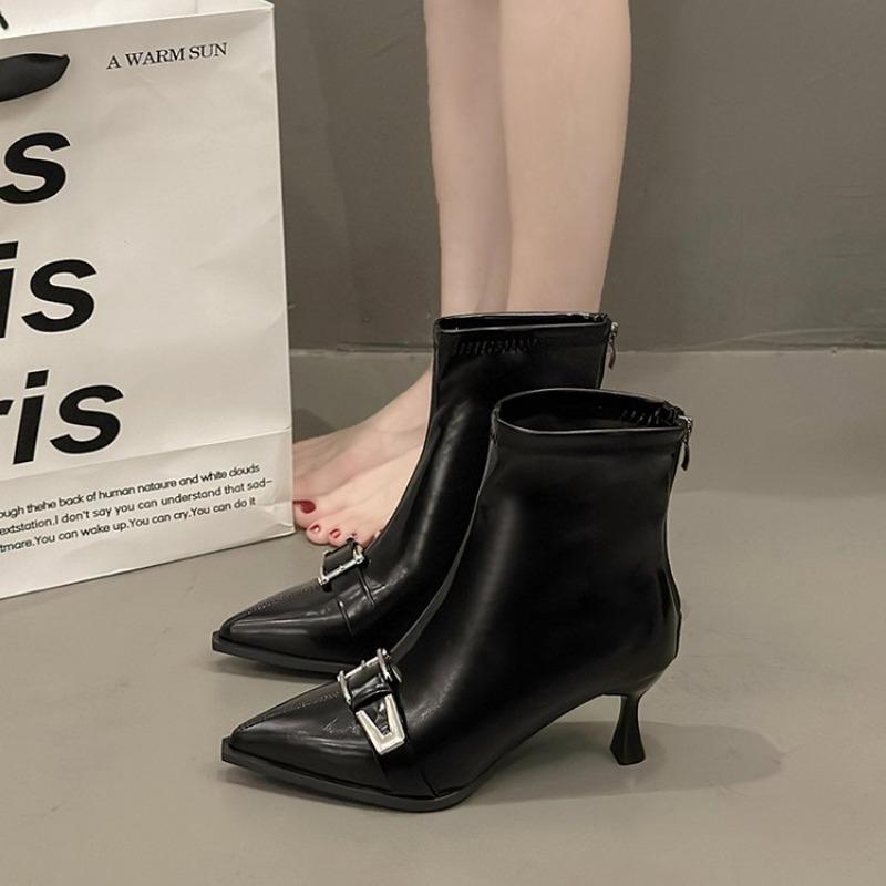 Fashion Winter New Thin Heel Cotton Boots Women's Pointed Metal Buckle Back Zipper Anti-slip Wear-resistant Short Boots