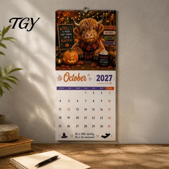 Nástěnný kalendář 2027 s kravami z Highlands Vtipný kalendář, Roztomilé hospodářské zvíře 12měsíční Akademický Skotský Závěsný plánovač pro Rustikální bytový dekor Dárek Milovníci