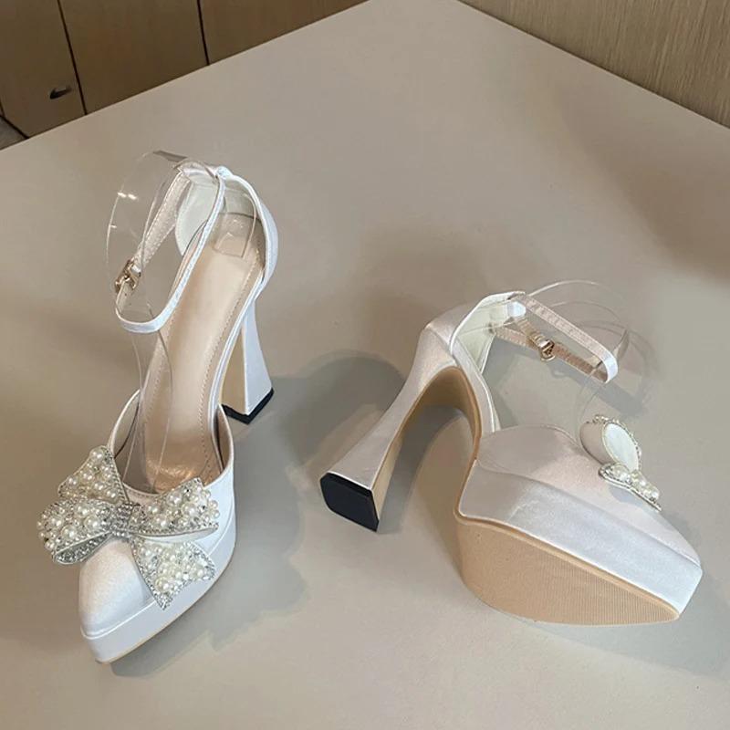 Fashion Women Shoes Pearl Butterfly-Knot High Heels Sandals Sexy Thick Bottom Pointed Toe Platform Pumps for Women Wedding Banquet Shoes