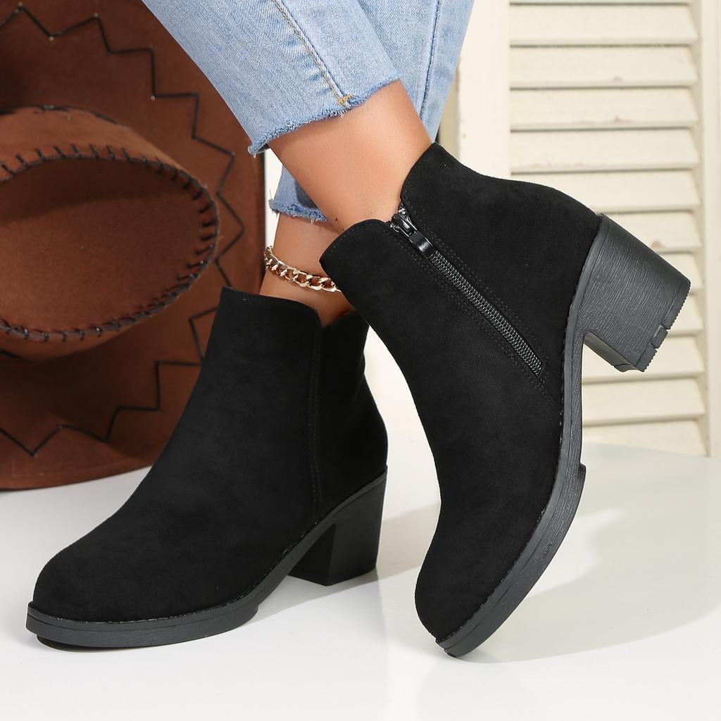 Fashion New large-sized fashionable and trendy fleece side zipper short top round toe thick heel thin round toe slim boots