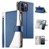 For iPhone 14 Pro Max Case Zipper Pocket Wallet Color Splicing Leather Flip Phone Cover with Straps