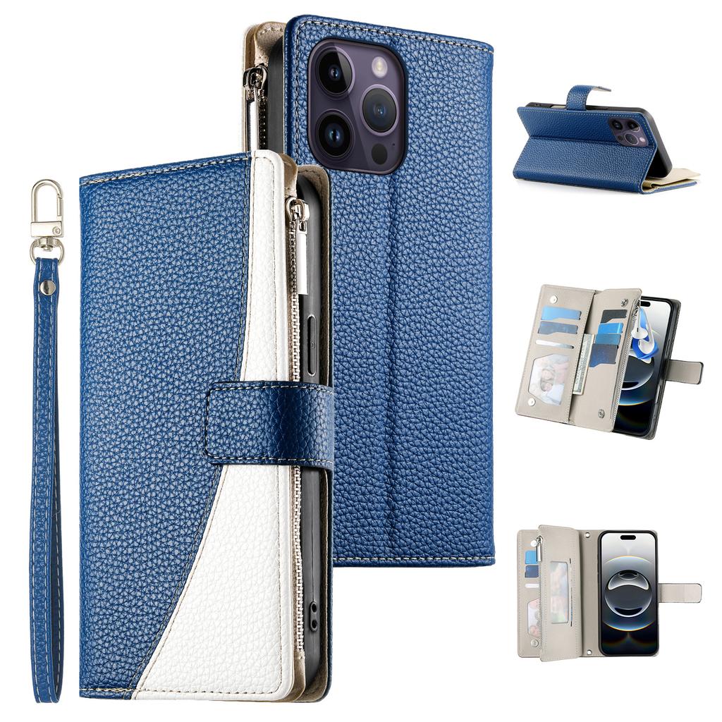 For iPhone 14 Pro Max Case Zipper Pocket Wallet Color Splicing Leather Flip Phone Cover with Straps