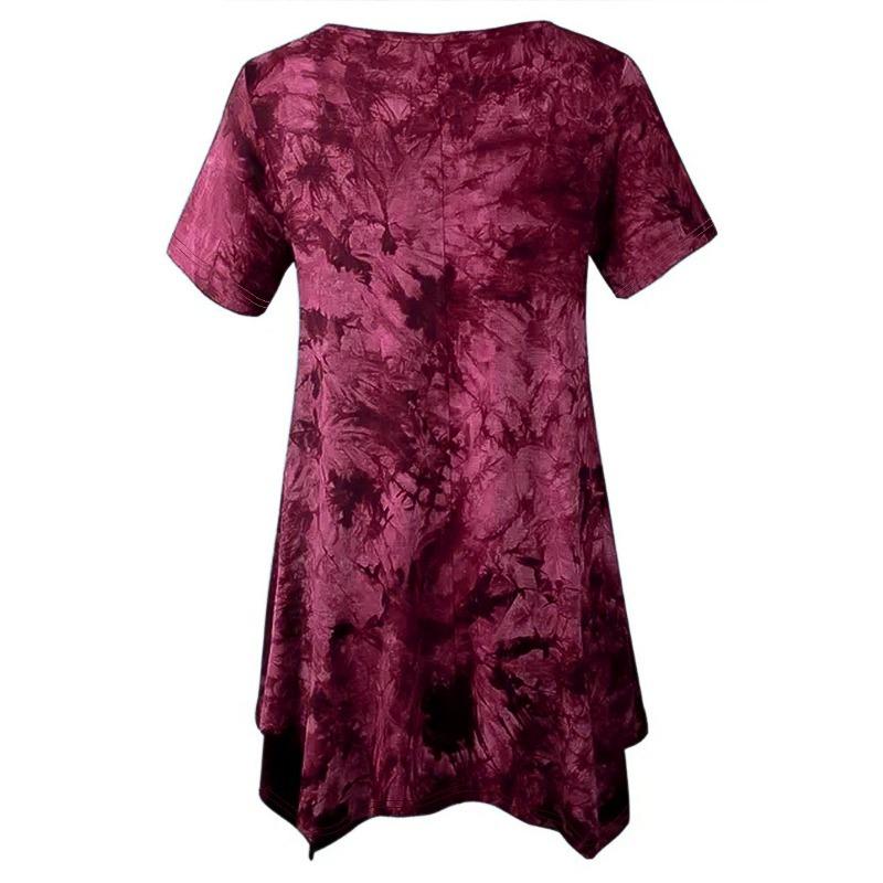Large Size Fashion Tie-dye V-neck Hem Irregular Short Sleeved Blouse Loose O Neck Floral Top Summer Casual Office Sweet Tops Women's Clothing