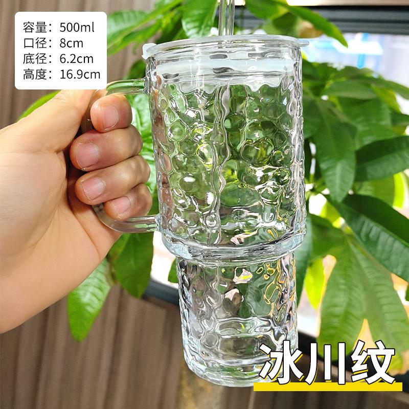 Ribbed Drinking Glasses with Lids and Straws Thickened Glass Cup Vintage Glass Straw Tumbler for Iced Coffees, Cocktails, Juices 501-600ml