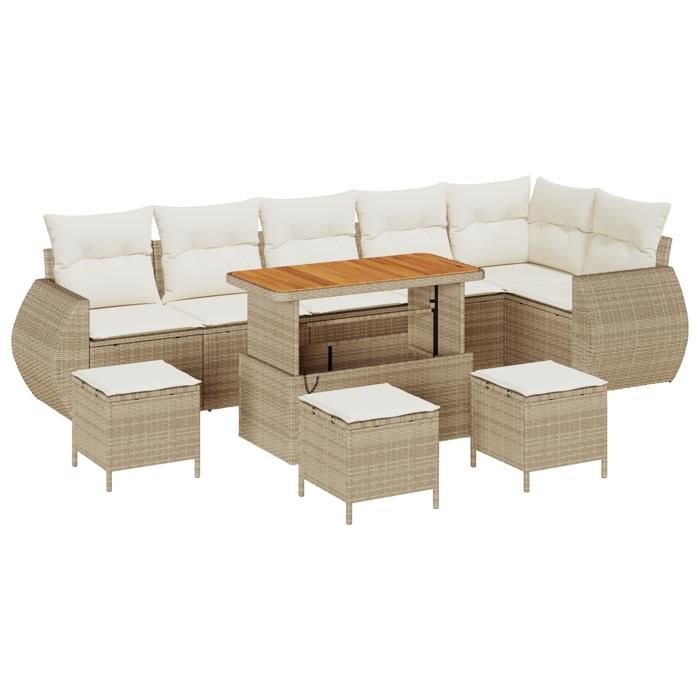 Ensemble de canapé de jardin vidaXL 10 pièces avec coussins beige poly rotin acacia, Ensemble de salle à manger de jardin 3361901