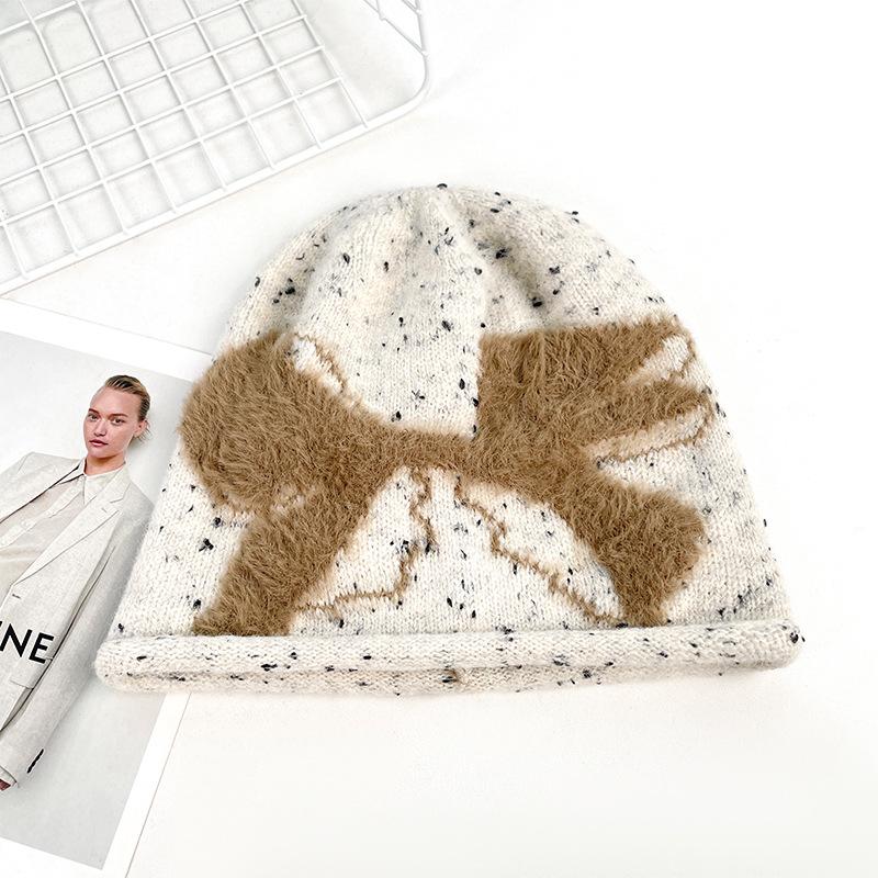 

Plush Bow Hat for Women, Autumn and Winter Korean Versatile Knitted Hat, Warm Ear Protection Wool Hat, Maternity Cold Weather Hat 56-62CM