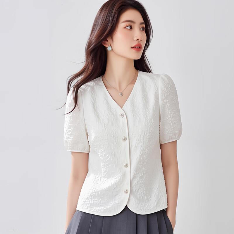 La Chapelle Women s Summer French V-Neck Puff Sleeve Blouse M