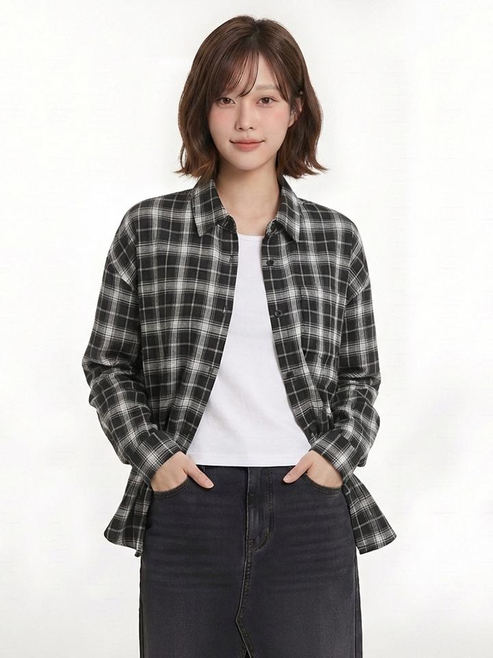 HANGTEN Women'S One Pocket Check Long Shirt_100(10570-120-402-68)