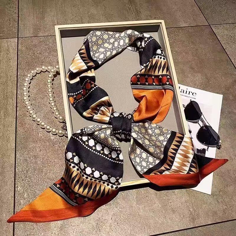 Fashion Blue Print Silk Scarf Women Soft Satin Horse Hairband Bevel Neckerchief Office Hijab Headband Foulard Bag Ribbons Gift