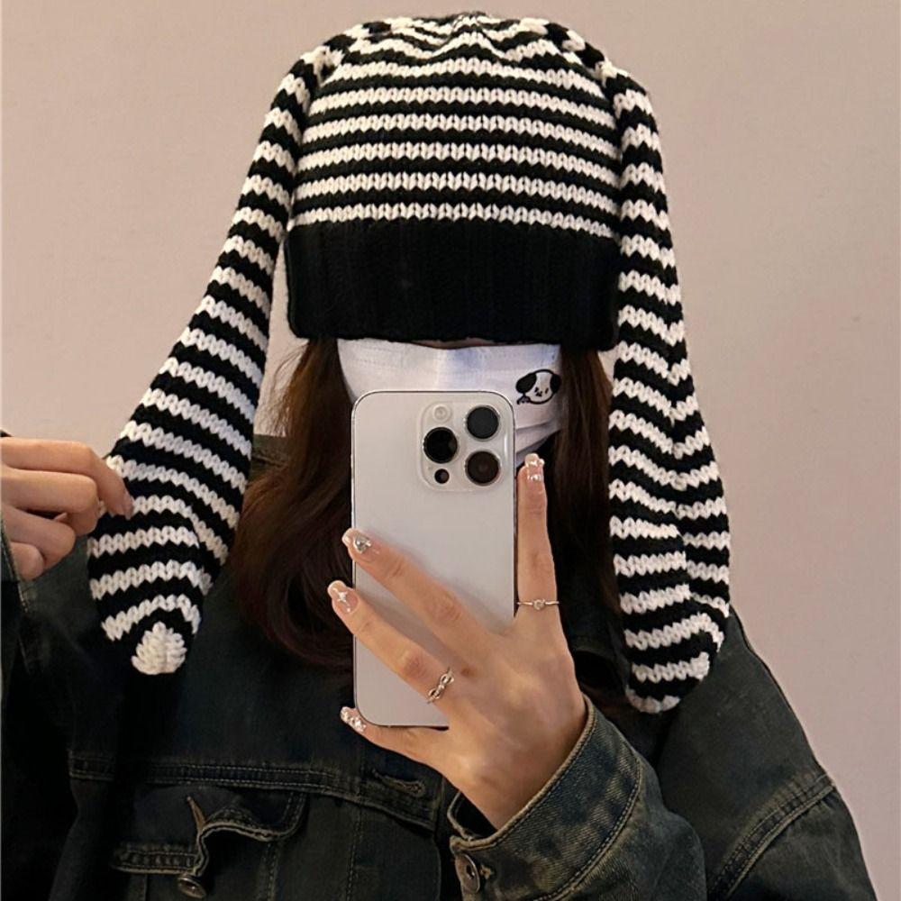 Y2K Rabbit Ears Hat Knitted Stripe Skull Cap Cute Women Beanie Hat  Outdoor