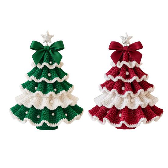 Handmade Crochet Christmas Tree DIY Xmas Tree Crochet Craft Starter Set with Bow And Faux Pearl for Beginners Knitting Holiday Decoration for