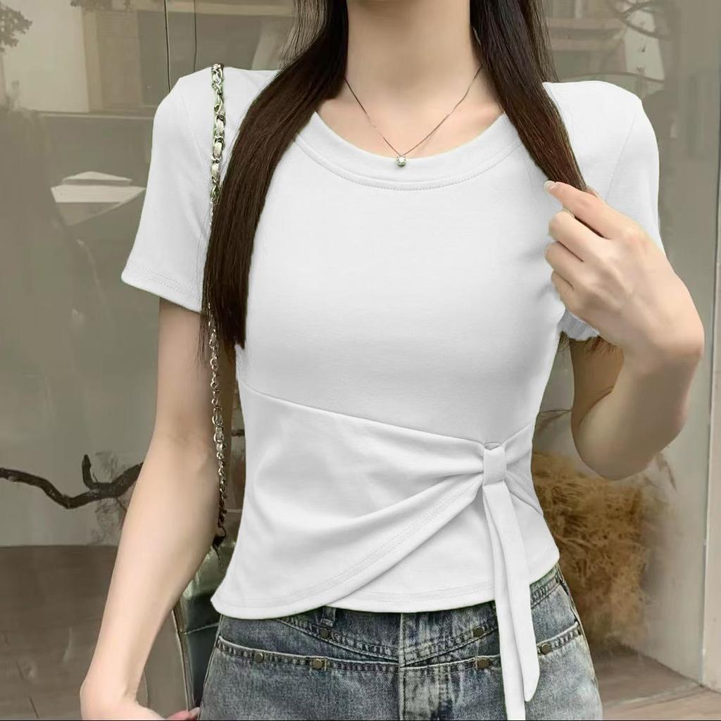 Women's Solid Color Slim Fit T-shirt Casual Short Sleeve Crew Neck Tie Waist Crop Top Summer Basic Tee