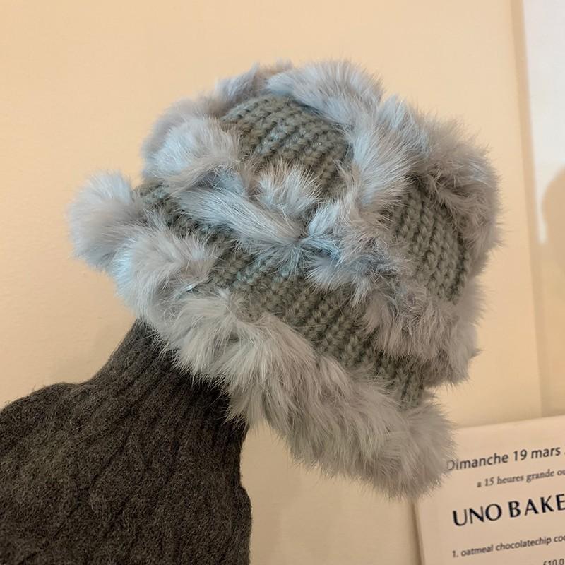 Fashion Rabbit Fur Patchwork Knit Bucket Hat Women Warm Fall Winter Large Head Size Face Slimming