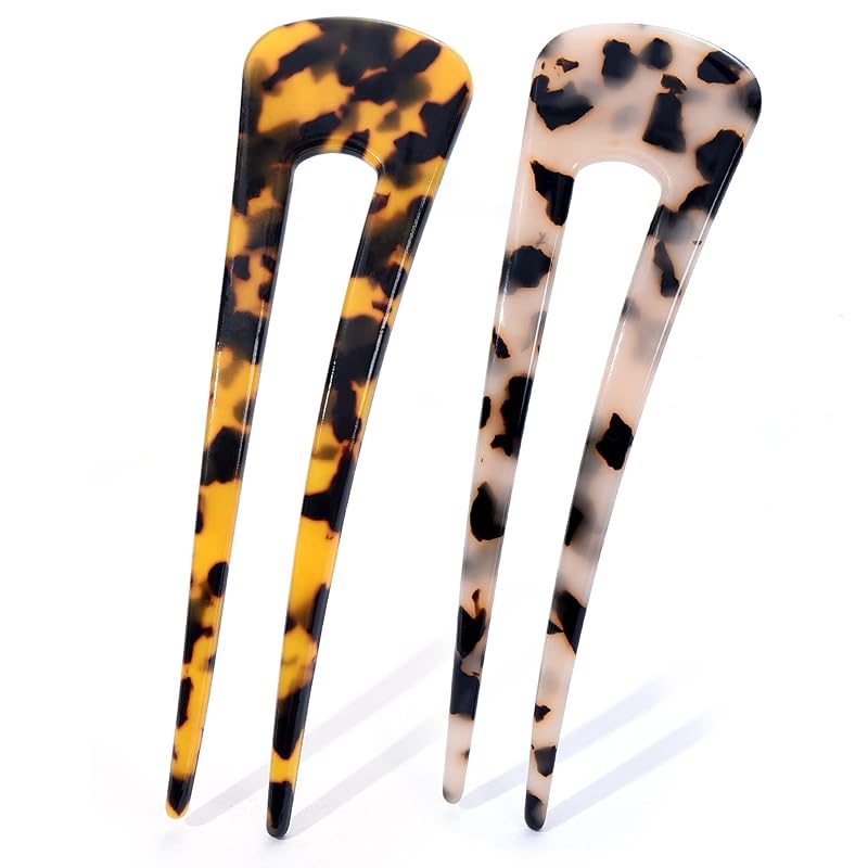 French Hair Pins Tortoise Shell French Hair Forks U Shaped French Pins 2 Prong Hair Sticks Acetate Chignon Pin for Women Hairstyle Accessories 2 Pack french hair pin 2 pack
