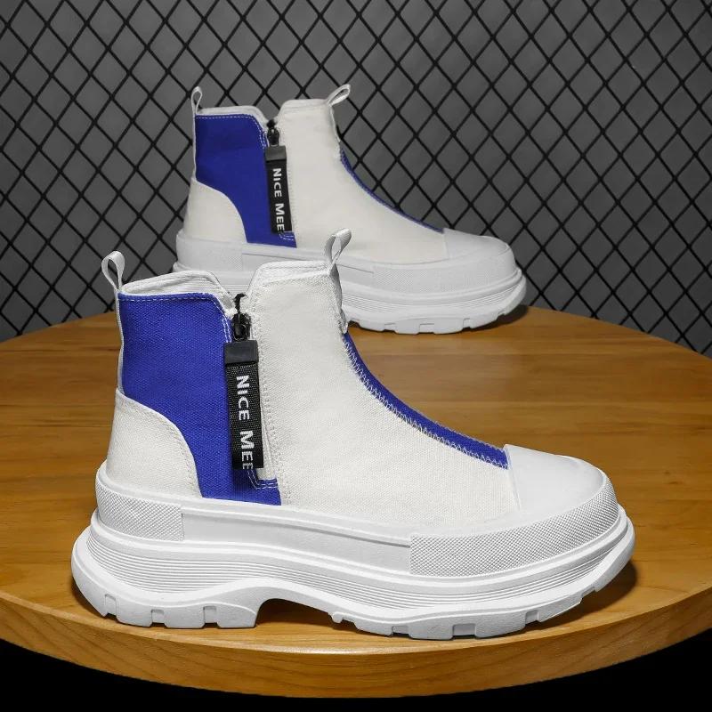 Autumn Men Casual Sneakers Canvas Chunky Platform Ankle Boots High-cut Zip Patchwork Sneakers Male Breathable Sport Shoes 38-44