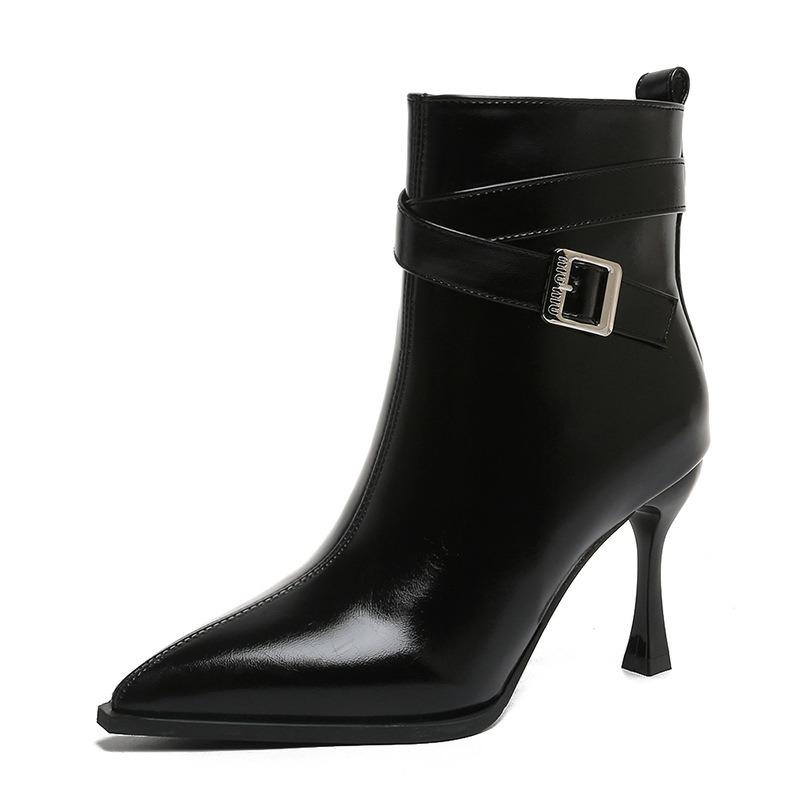 Thin heel Martin boots women's autumn and winter beautiful short boots design sense belt buckle pointed side zipper high heel boots