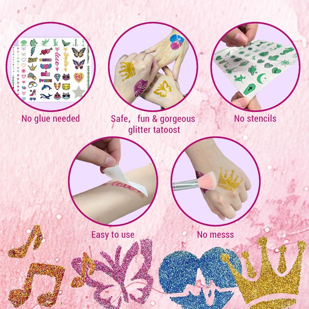 [XXTOYS] Tattoo Toys for Girls  3-color Glitter Powder (rose Pink, Gold, Blue) + 2 Tattoo Stickers + 1 Tattoo Glue + Foil Paper Set  Tattoo Set for