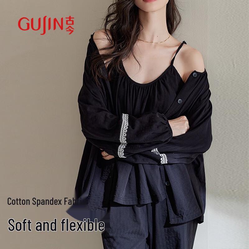 GUJIN Women s Textured Cotton Long-Sleeve 3-Piece Pajama Set L