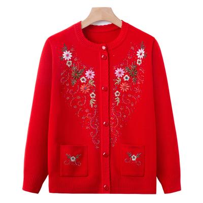 Alte Dame Herbst- und Winterkleidung Modischer Strickpullovermantel Oma Dünner bestickter Pullover Mittelalte und ältere Mütter tragen Strickjacke