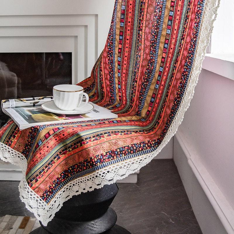 American Bohemian Style Red Gilding Stripe Cotton Linen Printing Semi Transparent Living Room Blackout Home Window Curtain