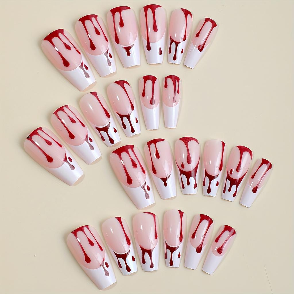 24pcs Halloween Red Blood Droplet Fake Nails White French Tip Press On Nails, Coffin Long False Nails For Women Girls Halloween Party Nail Decoration