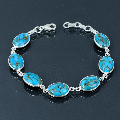 Natural Copper Turquoise Gemstone Bracelet, 925 Sterling Silver, 7 Inch To 8 Inch Link Bracelet, Handmade Bracelet Jewerly Gift For Valentine's Day