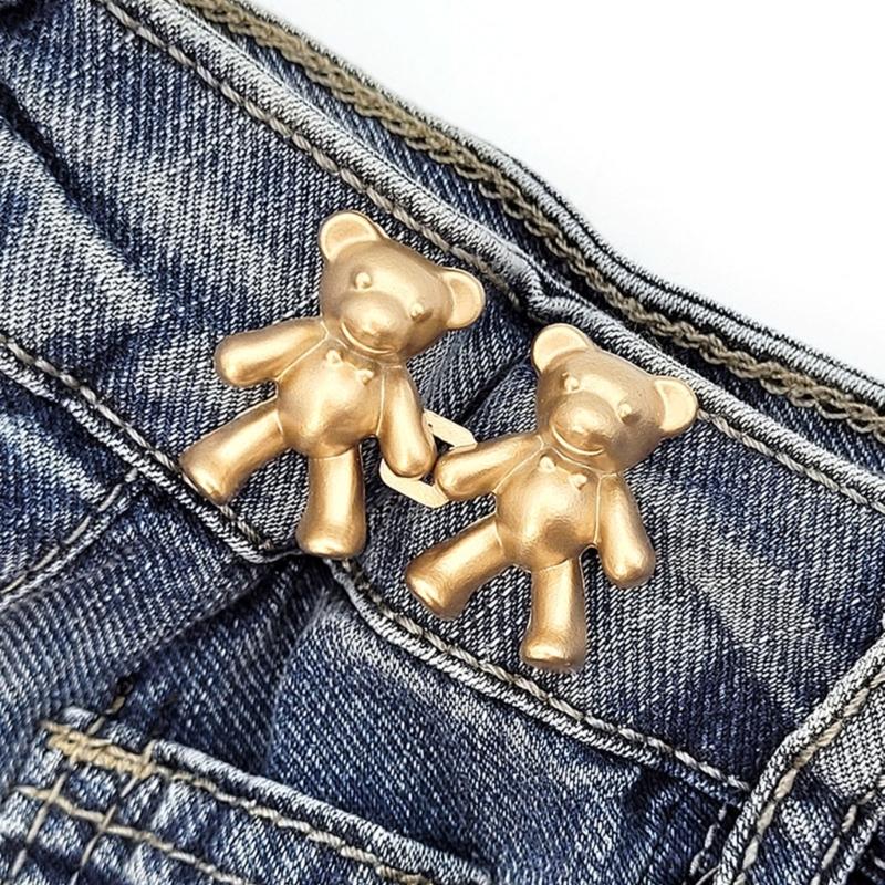 2Pcs Adjustable Jean Button Pins, Bear Shaped Waist Tightener Instant Jean Buttons for Jeans Pants, No Sewing Required