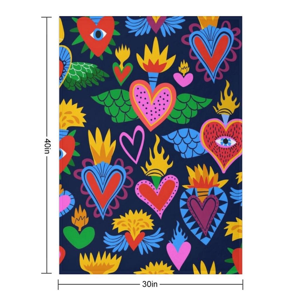 Sacred Hearts Mexican Folk Art Throw Blanket Wednesday Furry Shaggy Personalized Gift Blankets