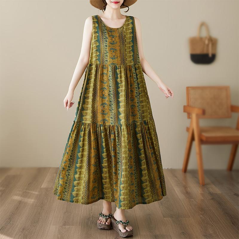 DIMANAF Plus Size Dress Summer Women Vintage Linen Elegant Style Sleeveless Floral Loose New Long Dress 8029