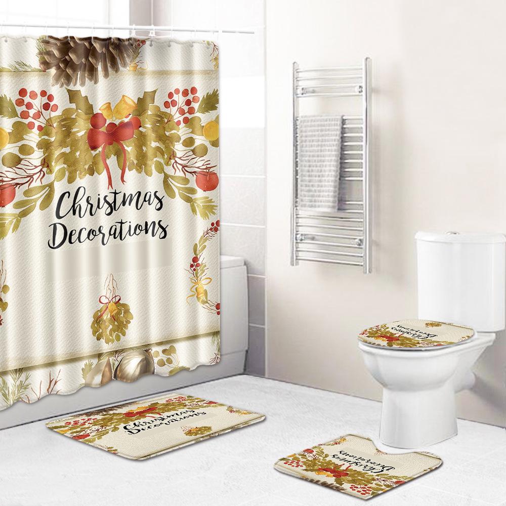 Christmas Shower Curtain Floor Mat Combination Four-Piece Set Bathroom Toilet Carpet Shower Room Mat Foot Mat