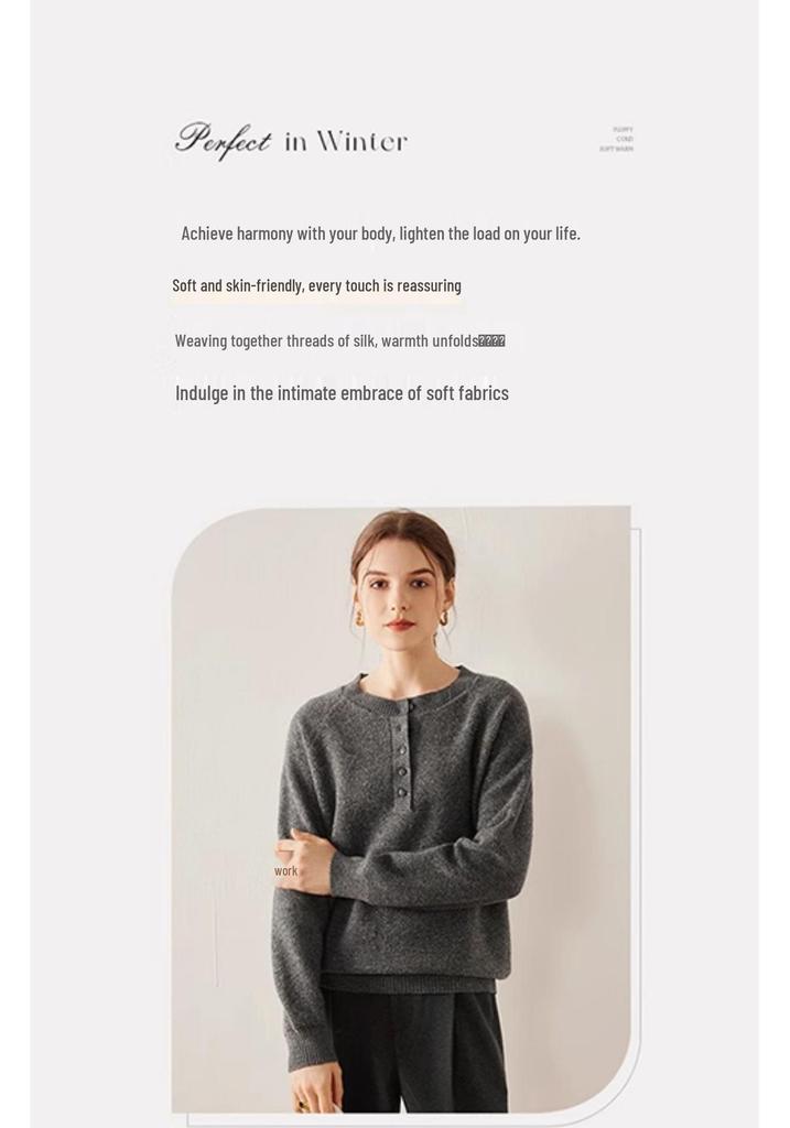 Women's Solid Color Cashmere Button Sweater - Warm, Versatile, Loose Knit