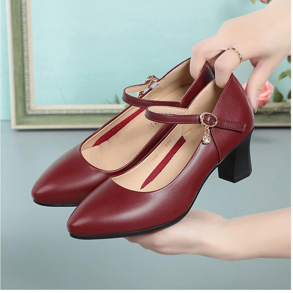 [Gengzee] Damen-Abendschuhe, Blockabsatz, Knöchelriemen, Keilabsatz, Für den Weg zur Arbeit, Büroschuhe, Für die Jobsuche, Beinverlängernder Absatz, Rot, 23,0 cm