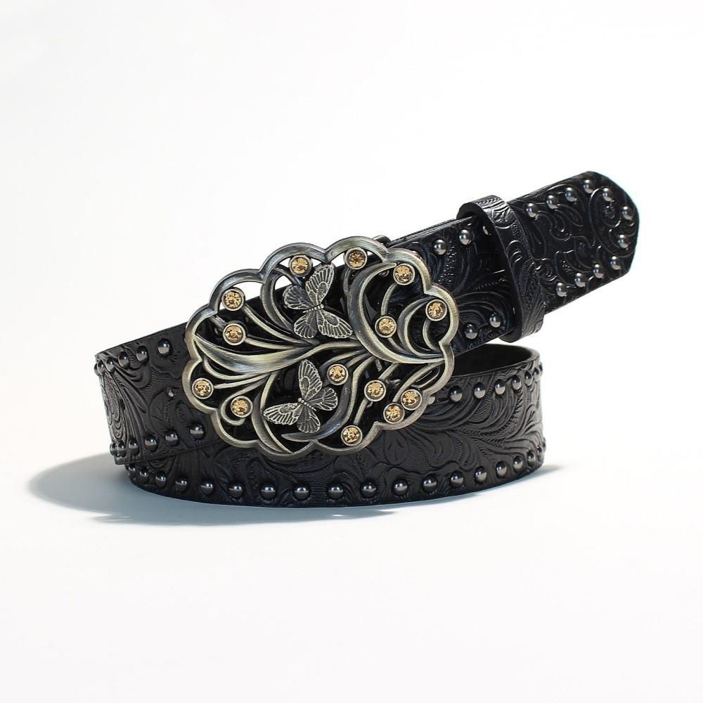 New Leather Heart-Shaped Belt Engraved Buckle Rivet Wide Waistband Belt Metal Rose Dress Waistband Gothic