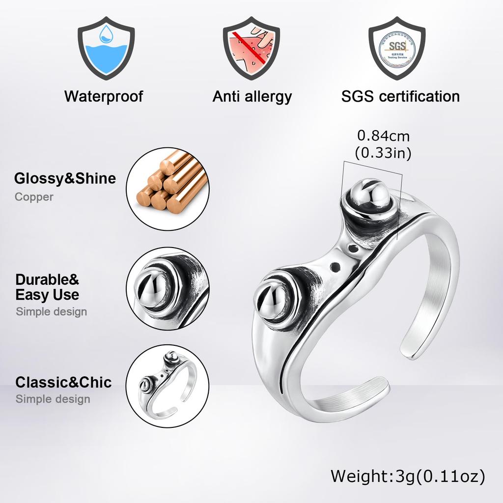 Fashion Retro Gothic Metal Frog Ring For Men Women, Vintage Silver Color Adjustable Open Ring, Hip Hop Party Jewelry Gift