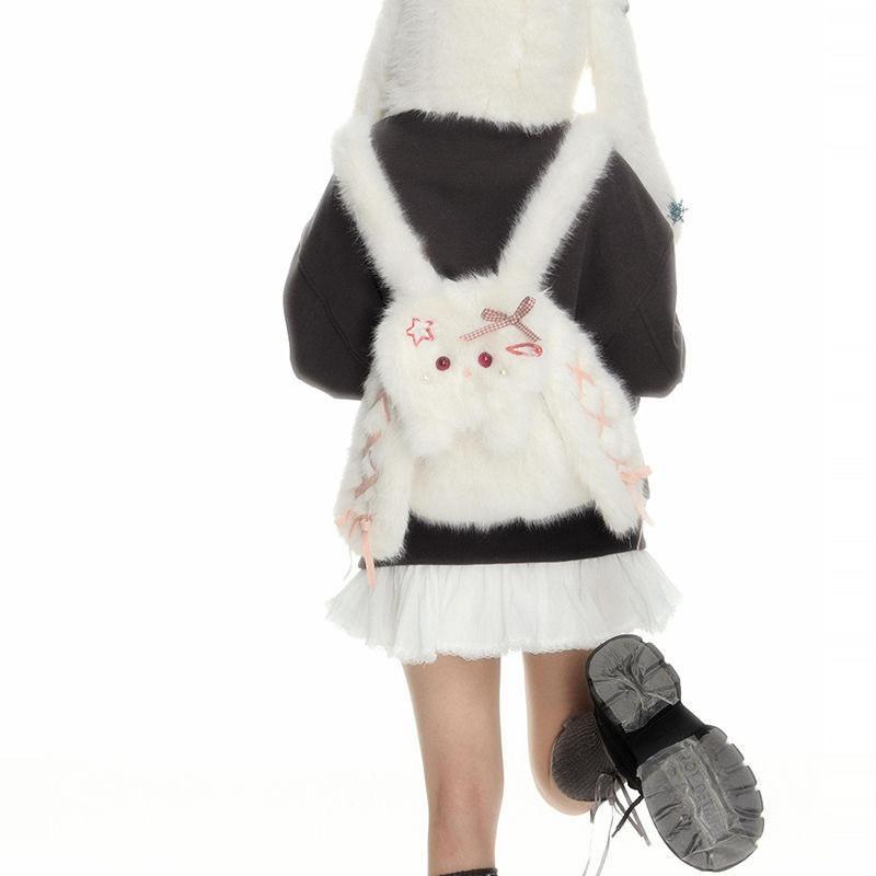 Bunny Eared Long Small Pearl Drawstring Tie Cartoon Plush Doll Backpack For Girl