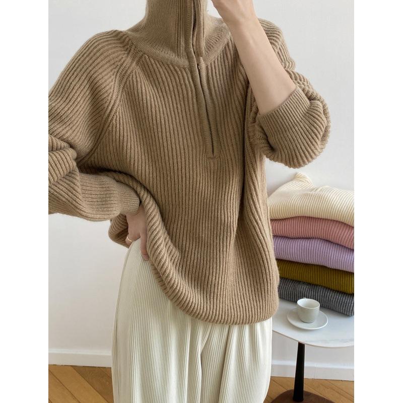 Lazy wind thickened lapel sweater women's autumn and winter soft waxy pullover zipper sweater knitted sweater jacket women