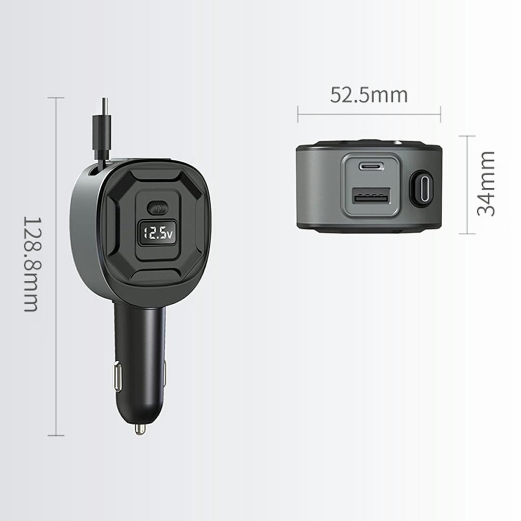 GE10 Voltage Display Car Charger with Retractable Cable PD 65W Fast Charging Adapter Temperature Control Protection