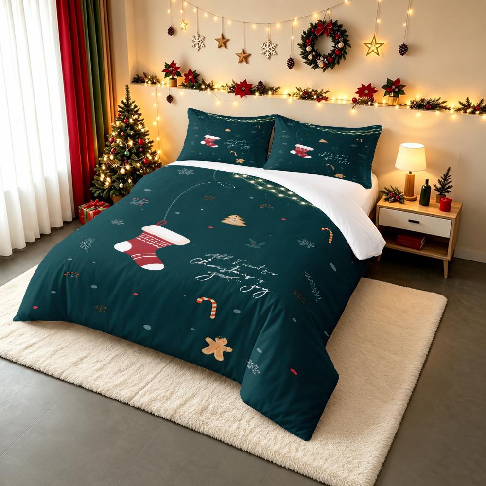 Merry Christmas Stocking Bedding set (1 duvet cover, 2 pillowcases, duvet not included) for Living Room Holiday Decor, Cozy Xmas Lights Art Print