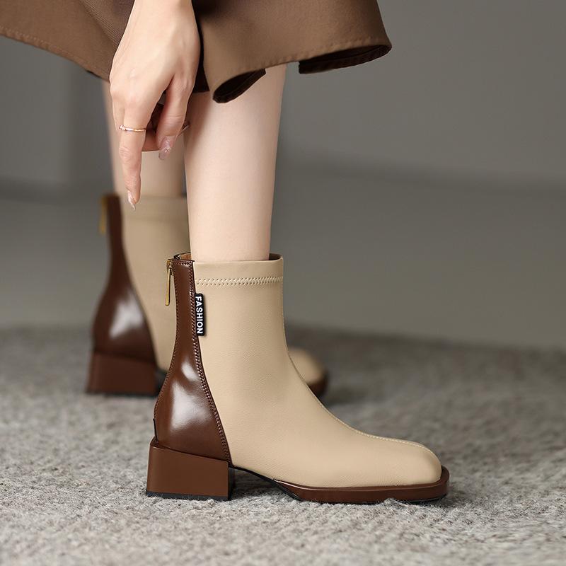 British Style Thick Heel Rear Zipper Martin Boots Color Matching Square Head Elastic Thin Short Boots 2025 Autumn and Winter Single Boots Women