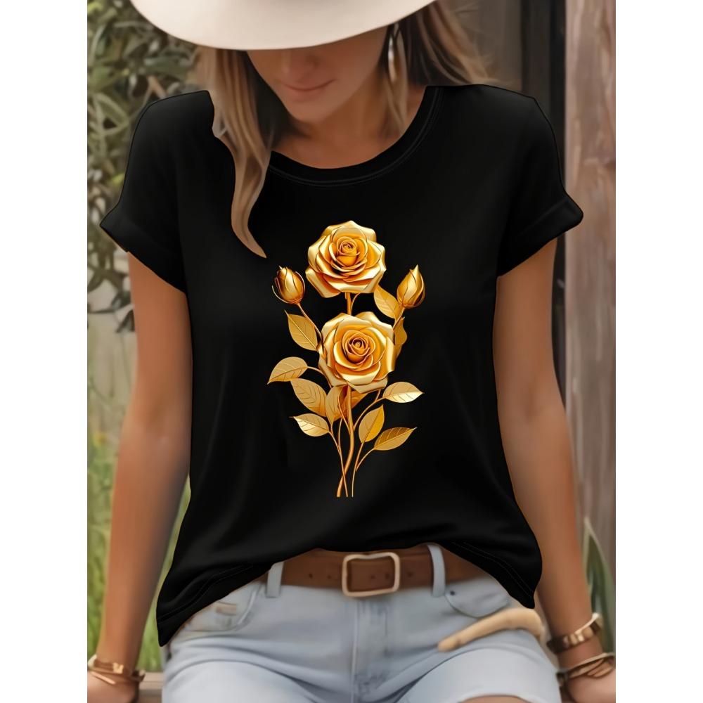 Fashion Women Rose Printed T-Shirt O-Neck Short Sleeve T-Shirt Simple Design Versatile Daily Wear Elegant Style Women Clothing
