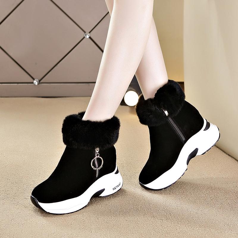 Snow boots women's, autumn and winter warm cotton boots, casual shoes, rabbit fur wedge heel short women's shoes zipper Martin boots