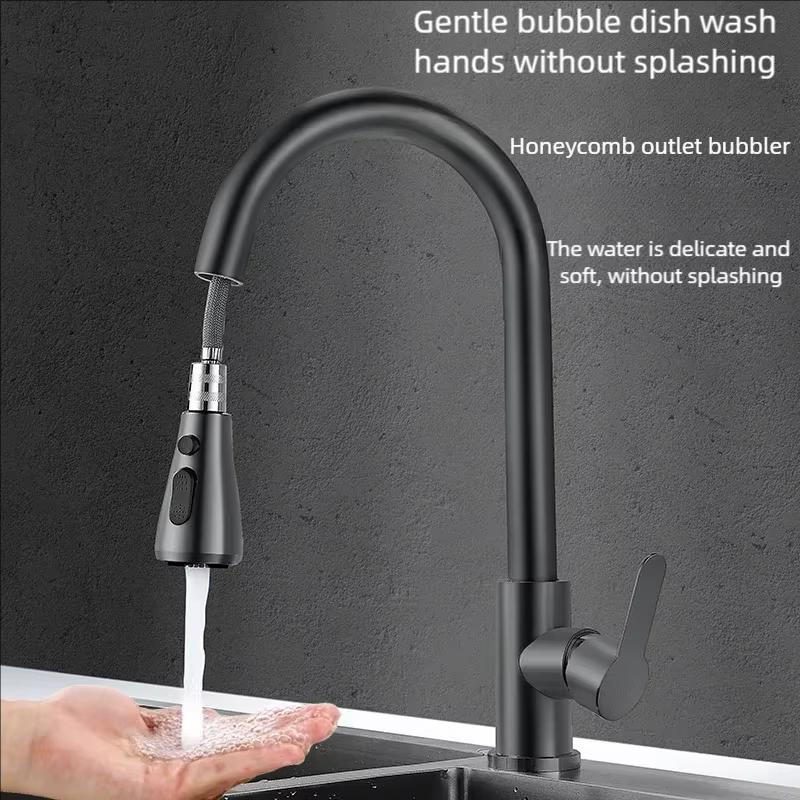 Vintage pull-out rotary kitchen faucet, 360° rotating stainless steel faucet, brushed/silver/black finish, suitable for sinks.