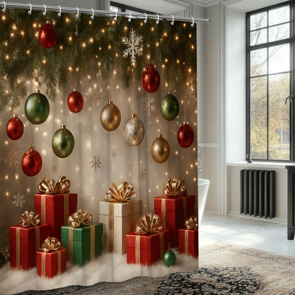 

Festive Christmas Shower Curtain With Lights Ornaments Gift Boxes Pine Tree Design Waterproof Easy To Install Non-Toxic Material W60H190(CM)-1 Pcs