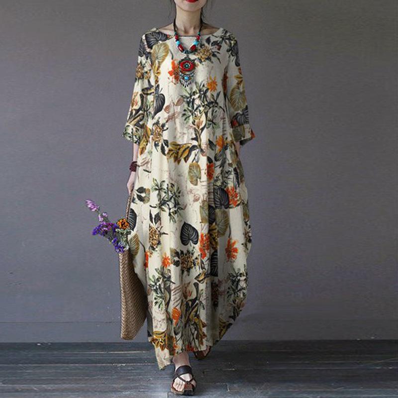 

Spring/Autumn New Plus Size Women s Cotton Linen Printed Dress with Loose Round Neck Long Sleeves Large Swing Dress for Women S